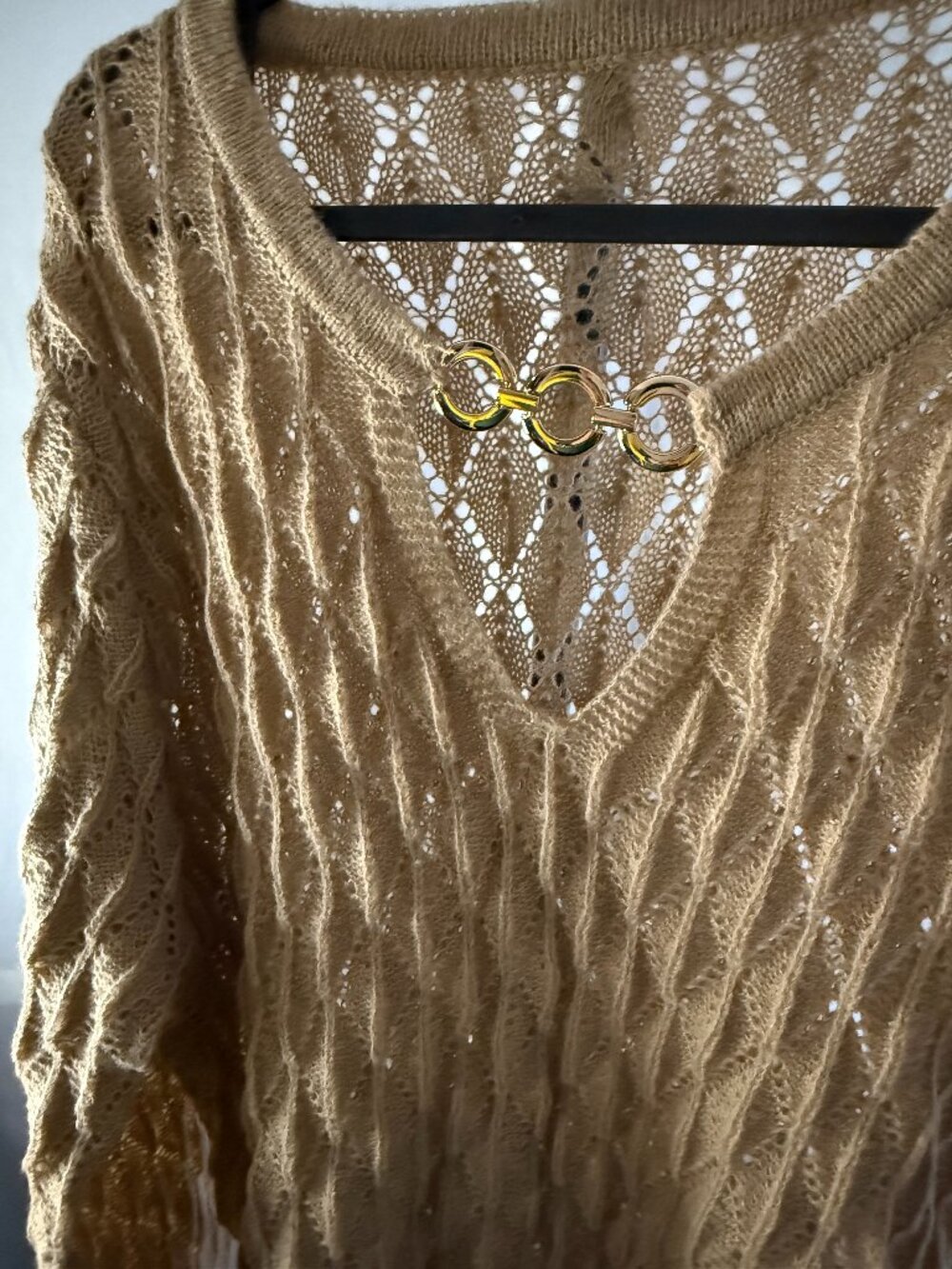 SHEIN Curve 1XL Camel Open Knit V Neck Sweater Gold Ring Detail